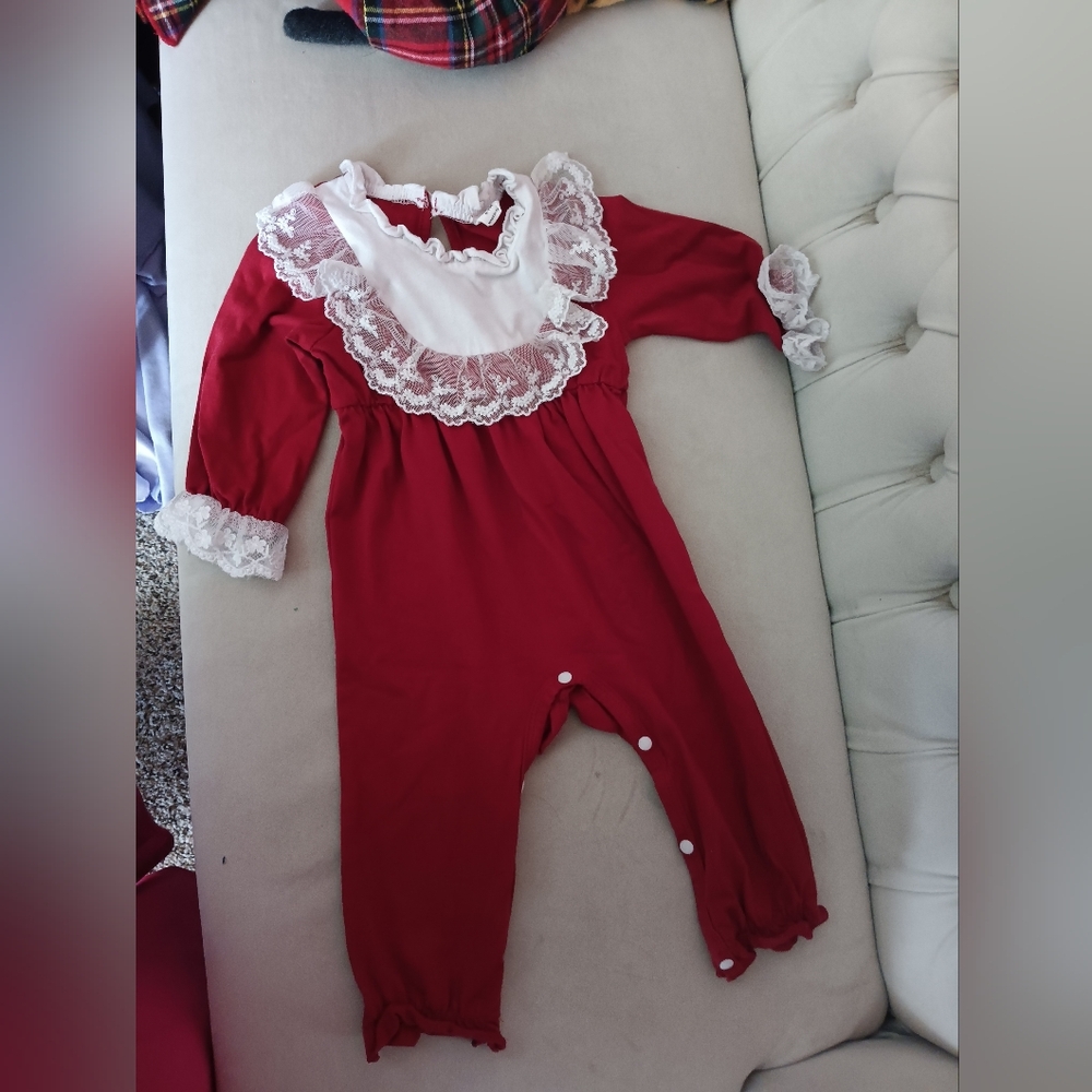 SHEIN Red and White Lace Trimmed One Piece Footies